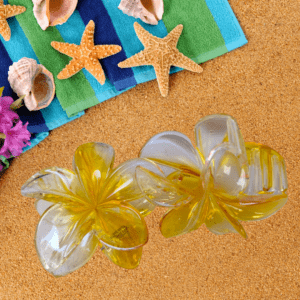 PINZA FLOR HAWAIANA TRANSPARENTE AMARILLA 8 CM